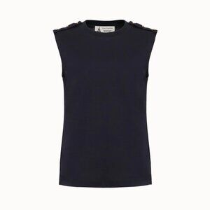 Leur Logette Navy Blue Sleeveless Tank Studded Shoulder Size Small